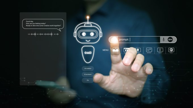 Businessman interacting with AI chatbot hologram through virtual interface, representing intelligent digital assistant, automation, and futuristic human-computer communication.